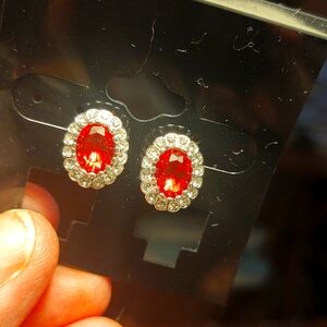 Clip Earrings - Elegant Silver and Red Oval Clip Earrings